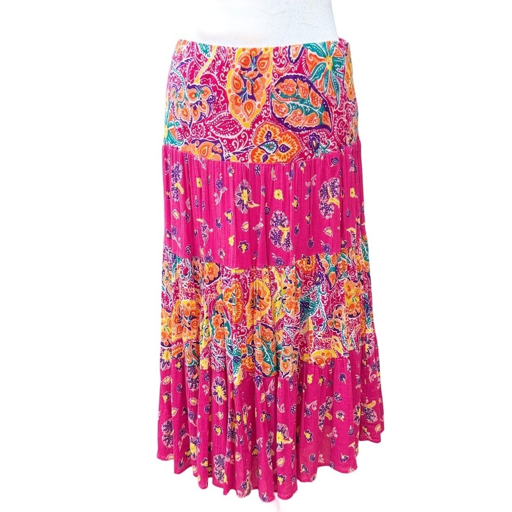 Pink Paisley Cotton Maxi Skirt Small  Boho Summer Floral Tiered Peasant Gypsy